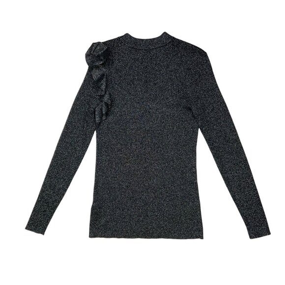 Ted Baker Addale Sweater Ted/4 US/L Silver Metallic Black Ribbed Knit Ruffle - Picture 11 of 12